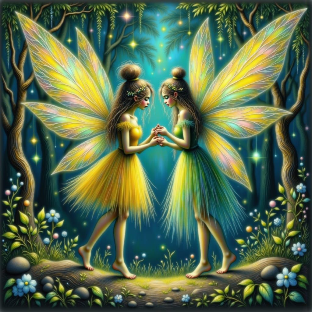 Two Luminous Fairies with Golden Dragonfly Wings in Forest C...