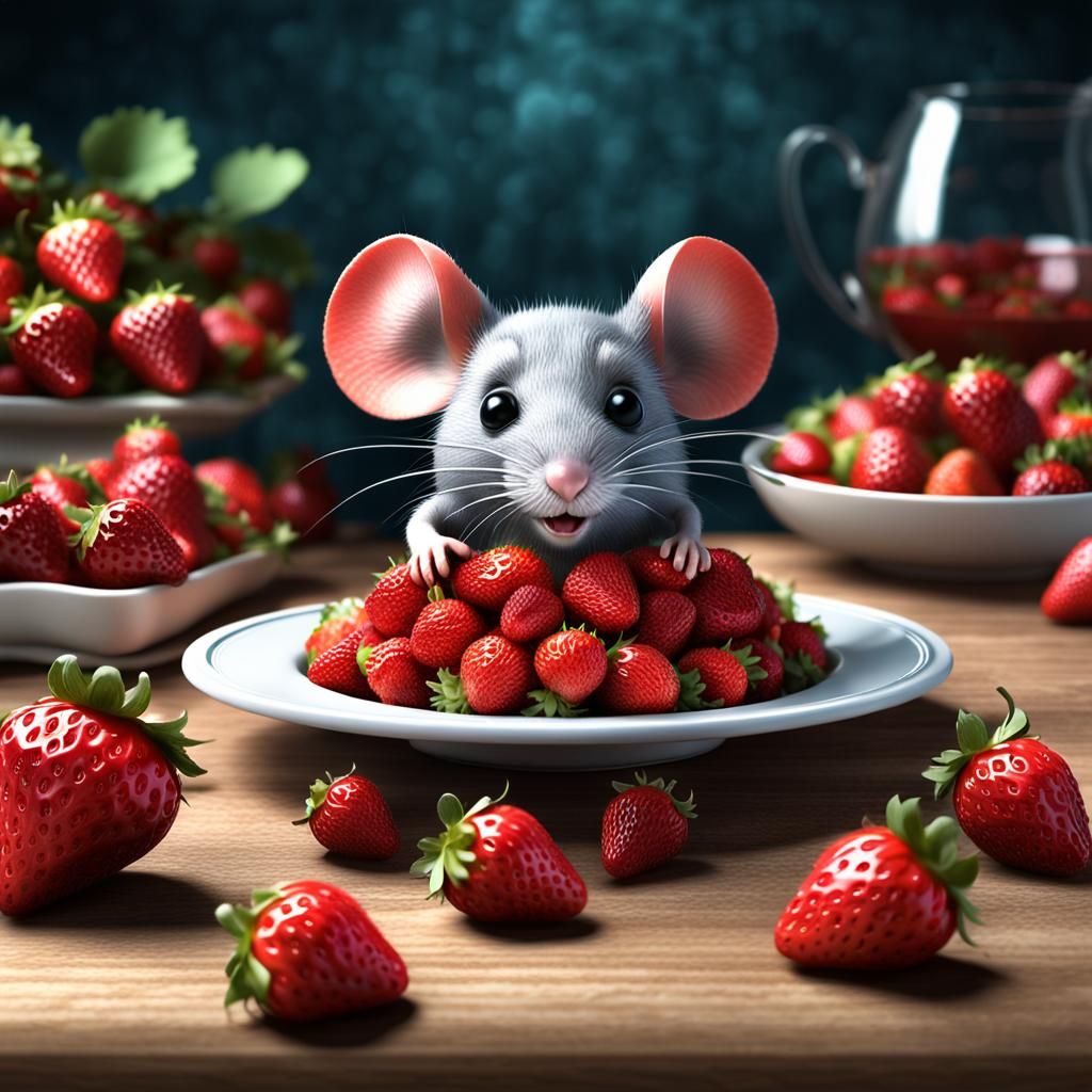 Strawberry Mouse: Whimsical 3D Rendered Still Life