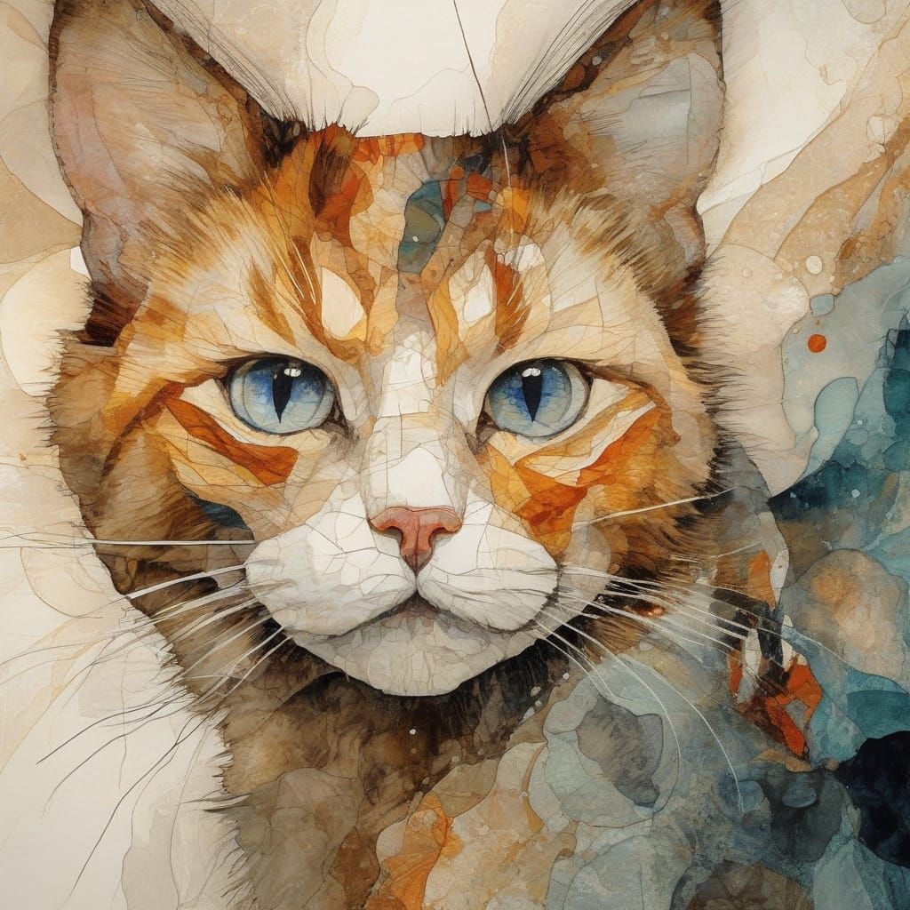 Abstract Cat Portrait in Watercolor, Evocative Close-Up