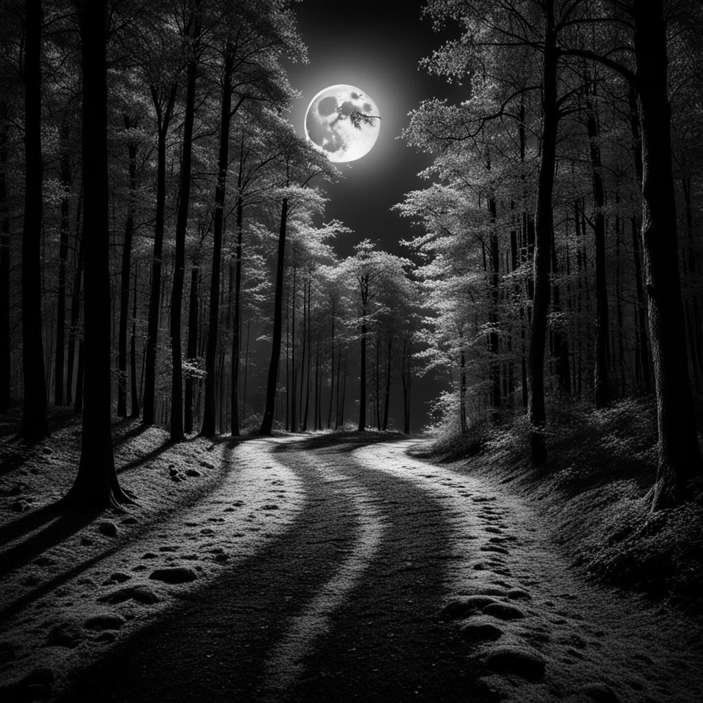 Moonlit Forest Path in Black and White