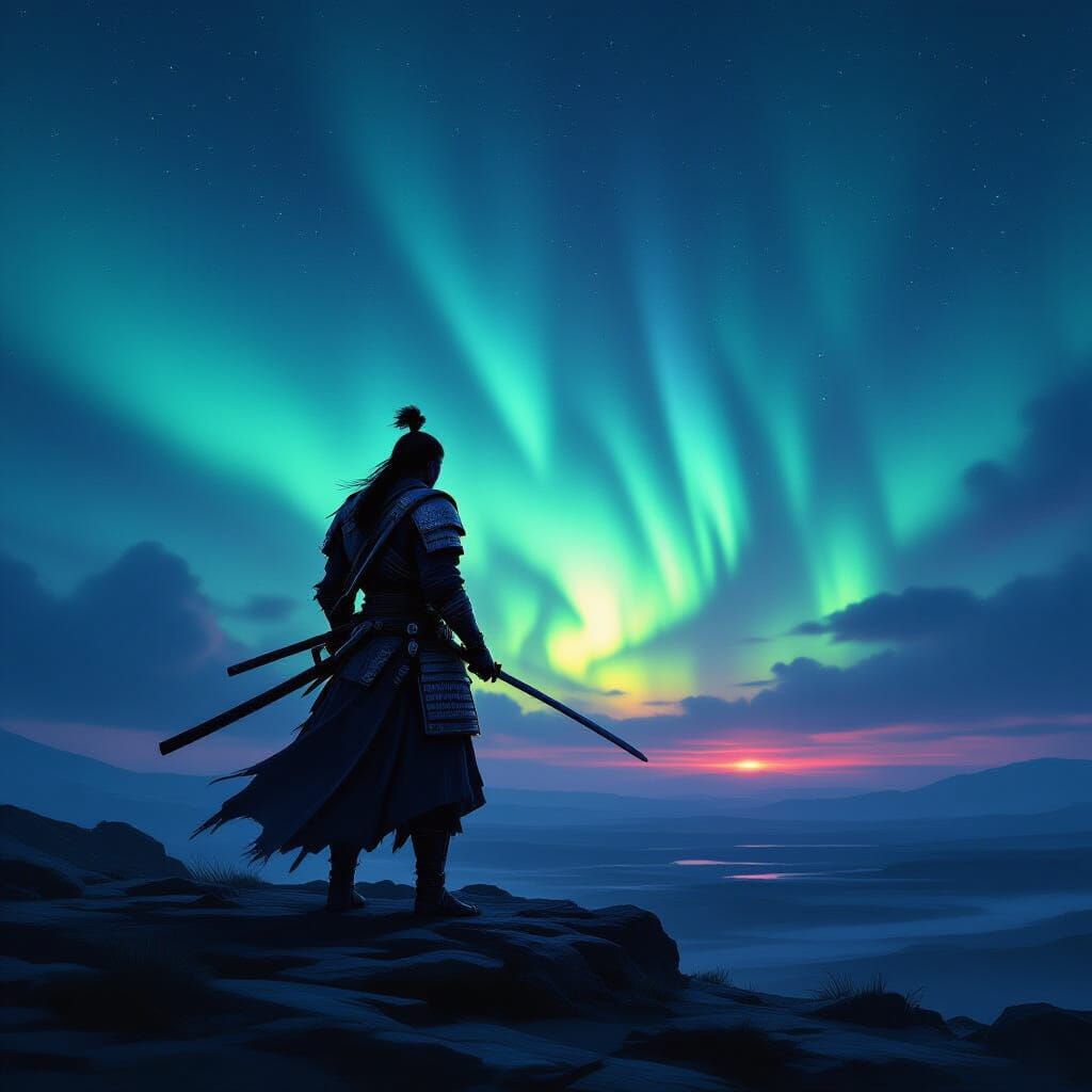 Samurai Silhouette Under Aurora Sky in Dark Realism