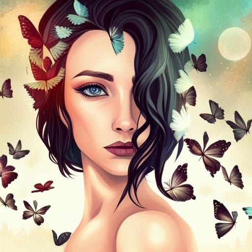 Dark Fantasy Girl with Butterflies and Letters