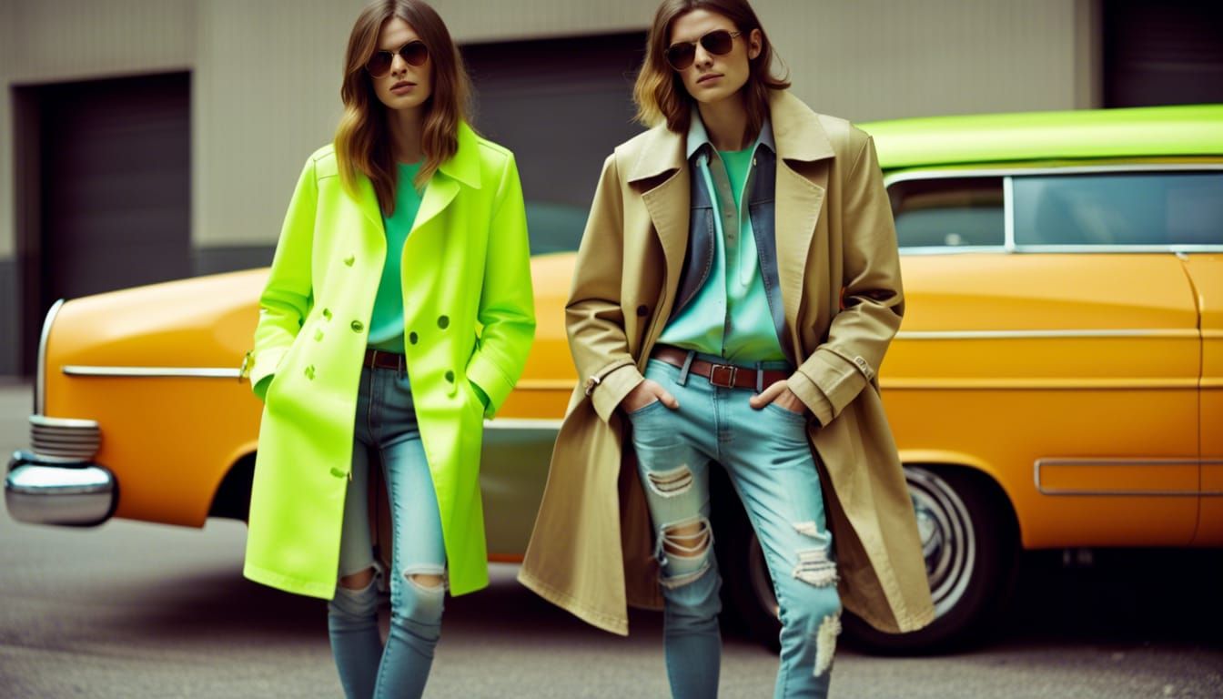 Neon Trench Coat and Vintage Sneaker Fashion