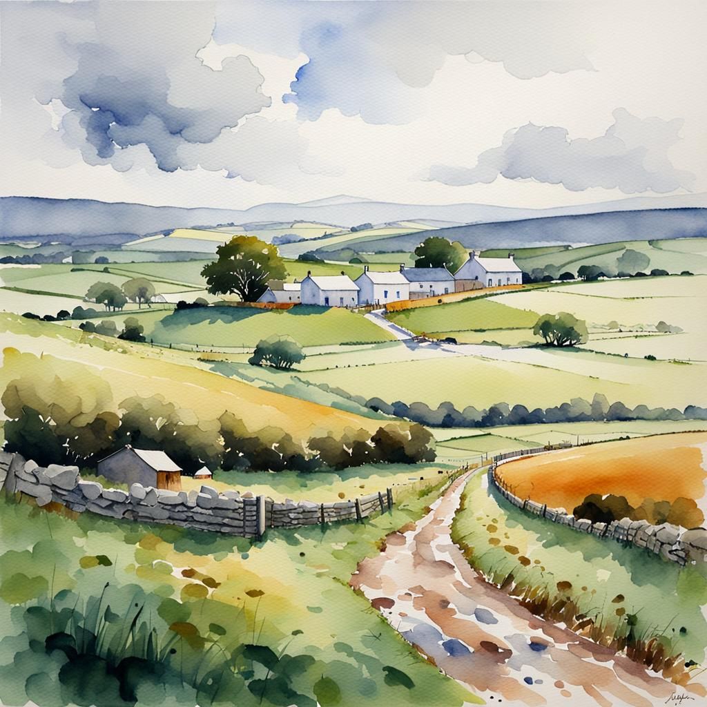 Irish Rural Landscape in Watercolor Style