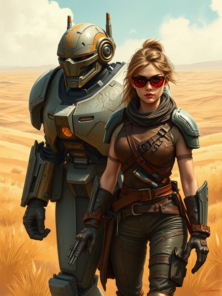 Mercenary and Robot on Steppe, Illustrated