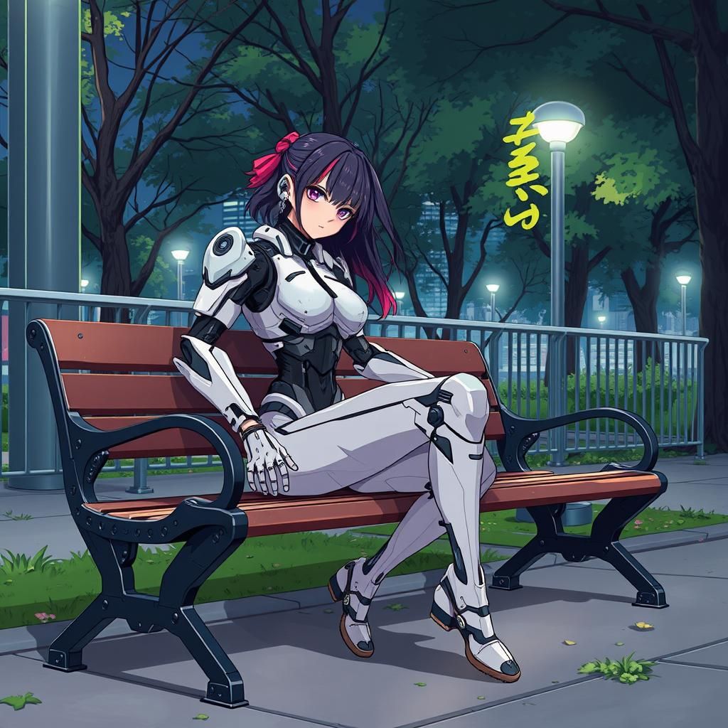 Cyborg Relaxing in Metal Park: Anime Art