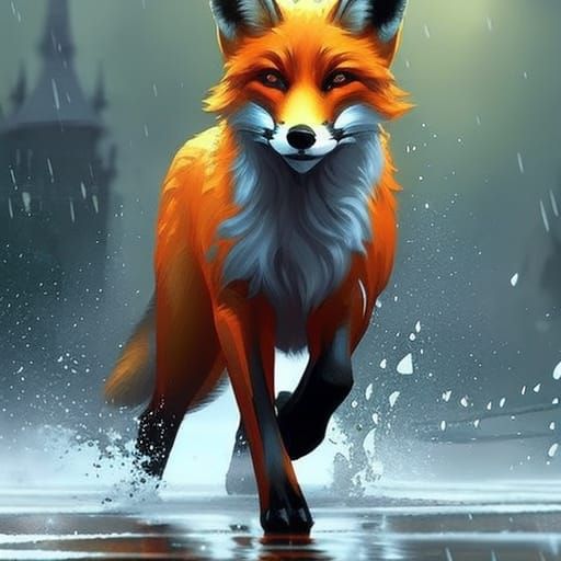 Fox Running in Rainy Fantasy Landscape