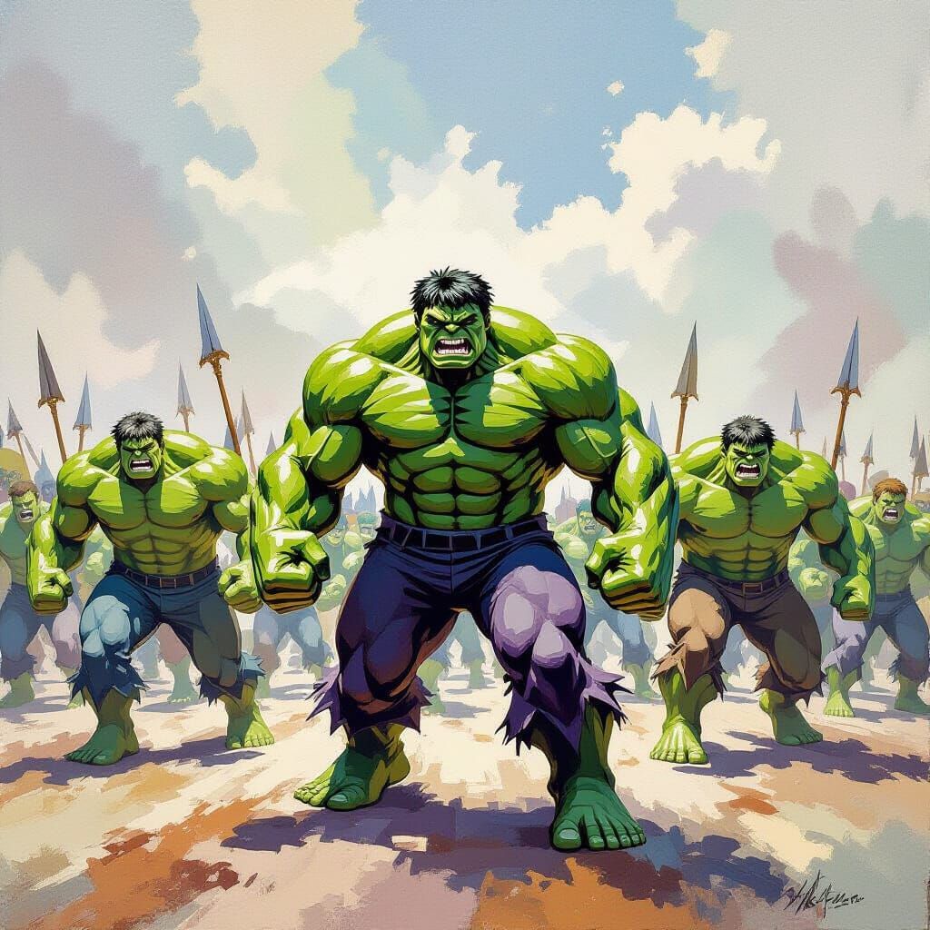 Army of Hulks in Thick Gouache Watercolor Style
