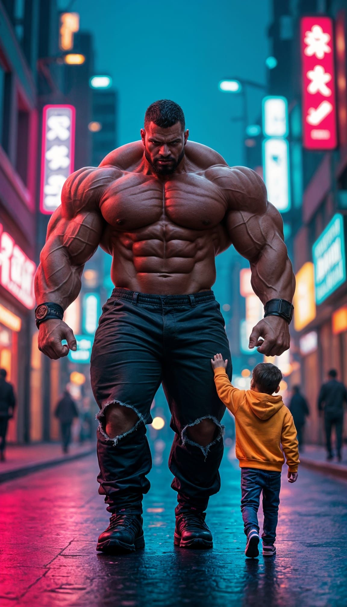 Giant Bodybuilder Holds Hands with Tiny Friend on Neon Stree...