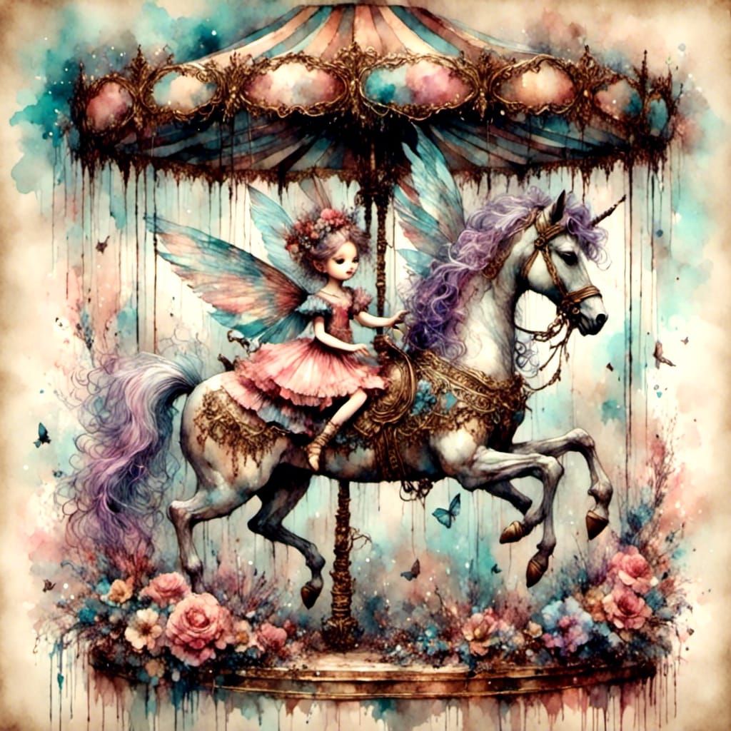 Pastel Pixie on Carousel Horse in Watercolor Style