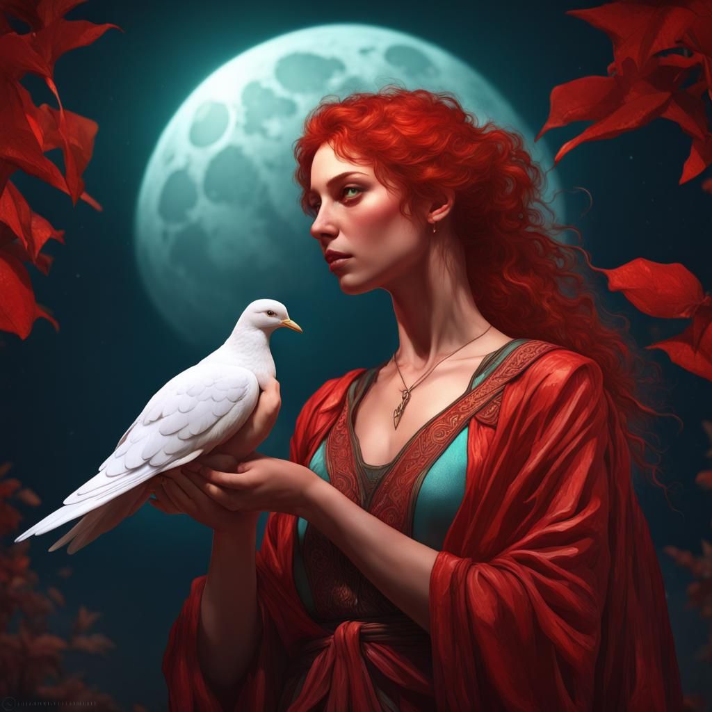 Red-Clad Woman with Dove Before the Moon