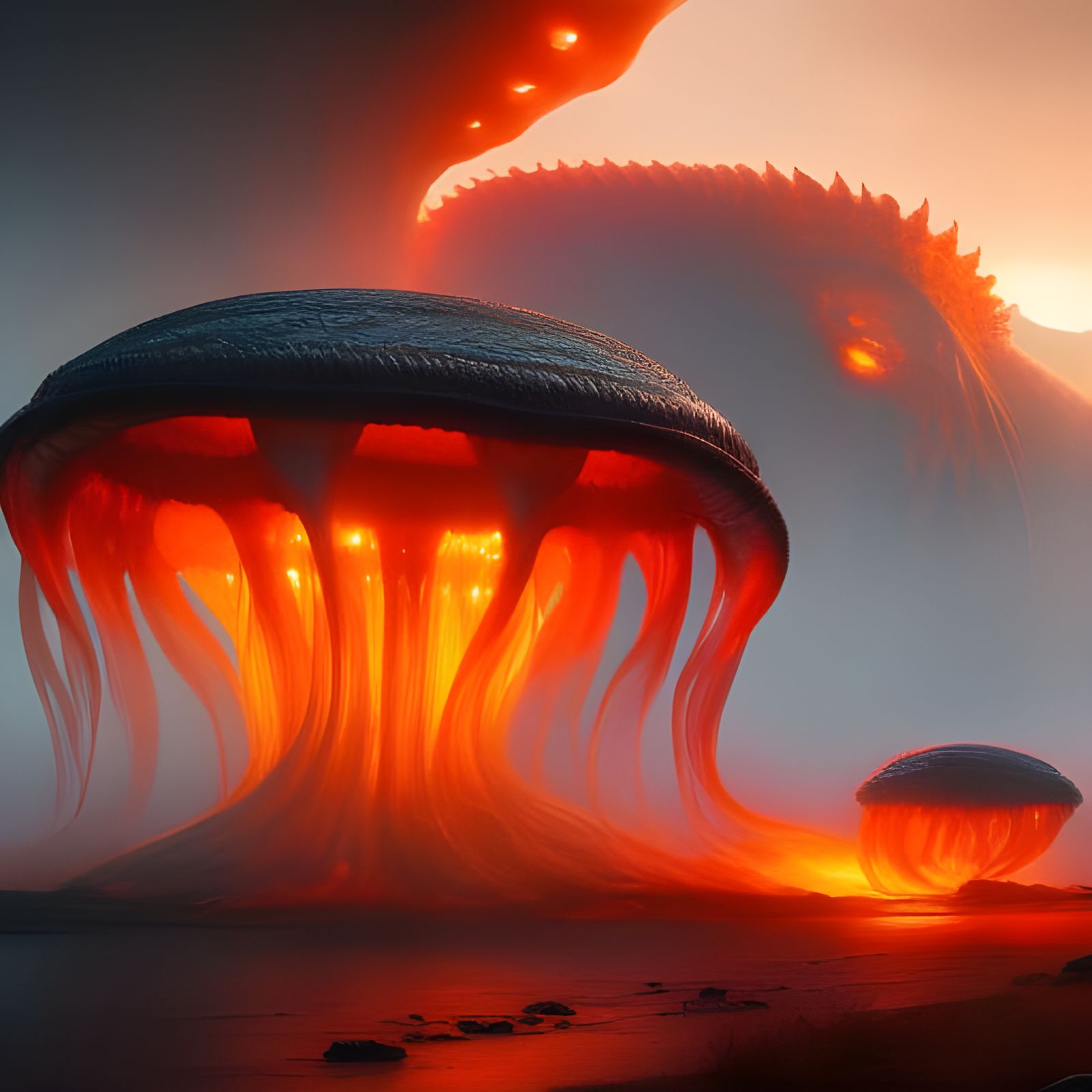 Lava Jellyfish: A Biomechanical Dark Fantasy Illustration