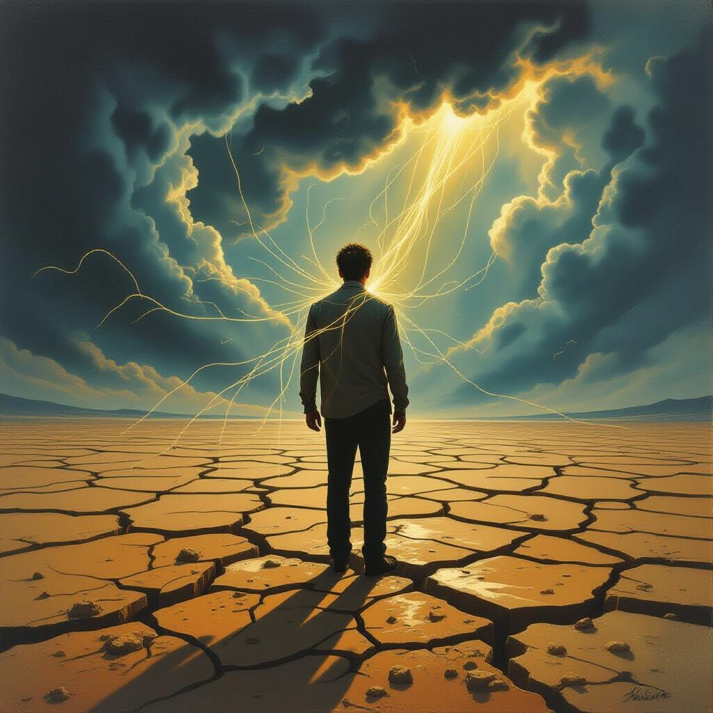 Lone Figure Pulled by Glowing Threads on Fractured Landscape