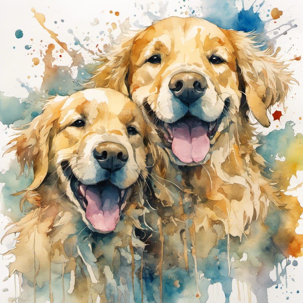Joyful Golden Retrievers in Watercolor Manga Style