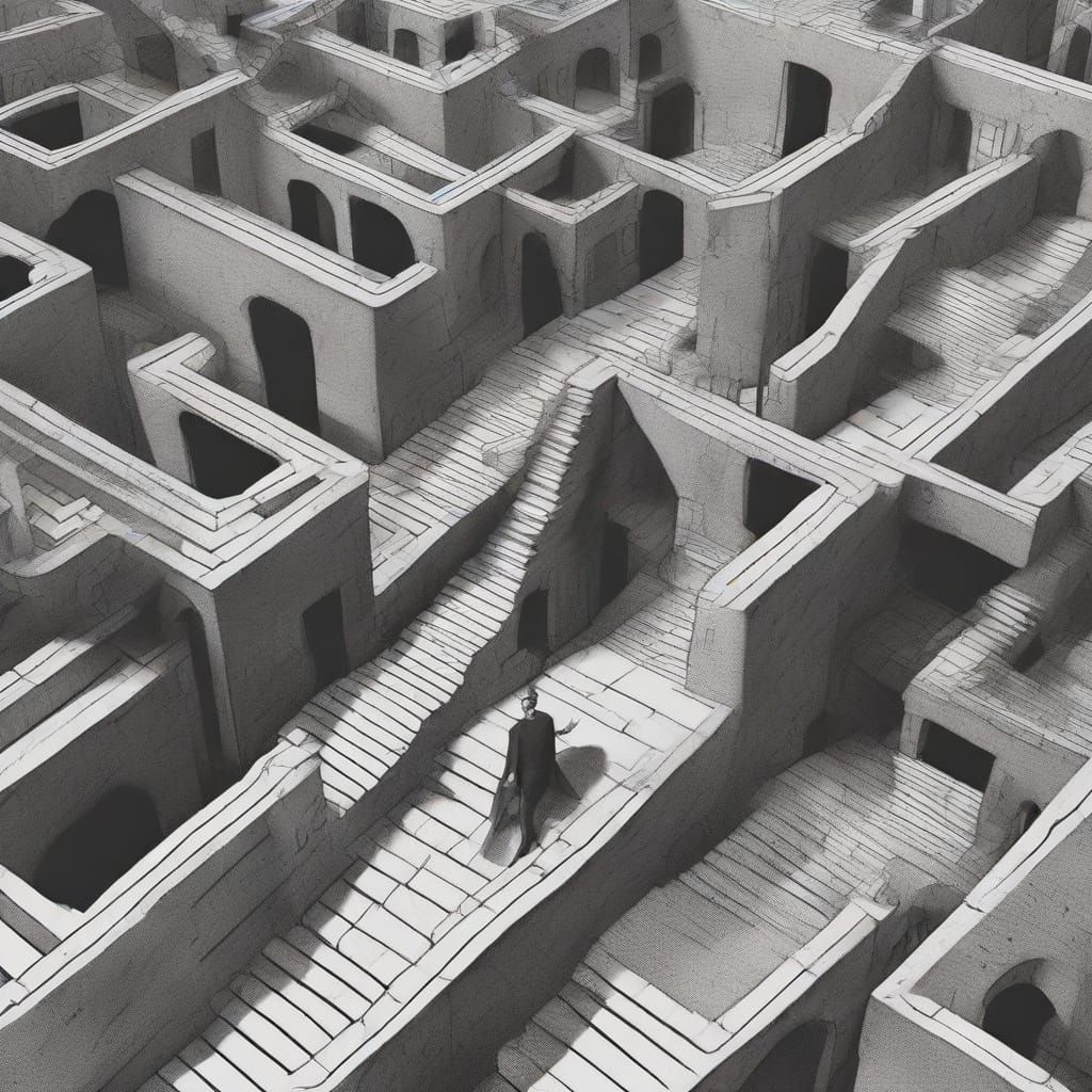 Escher-Inspired Labyrinth of Brutalist Stairwells in Op Art ...