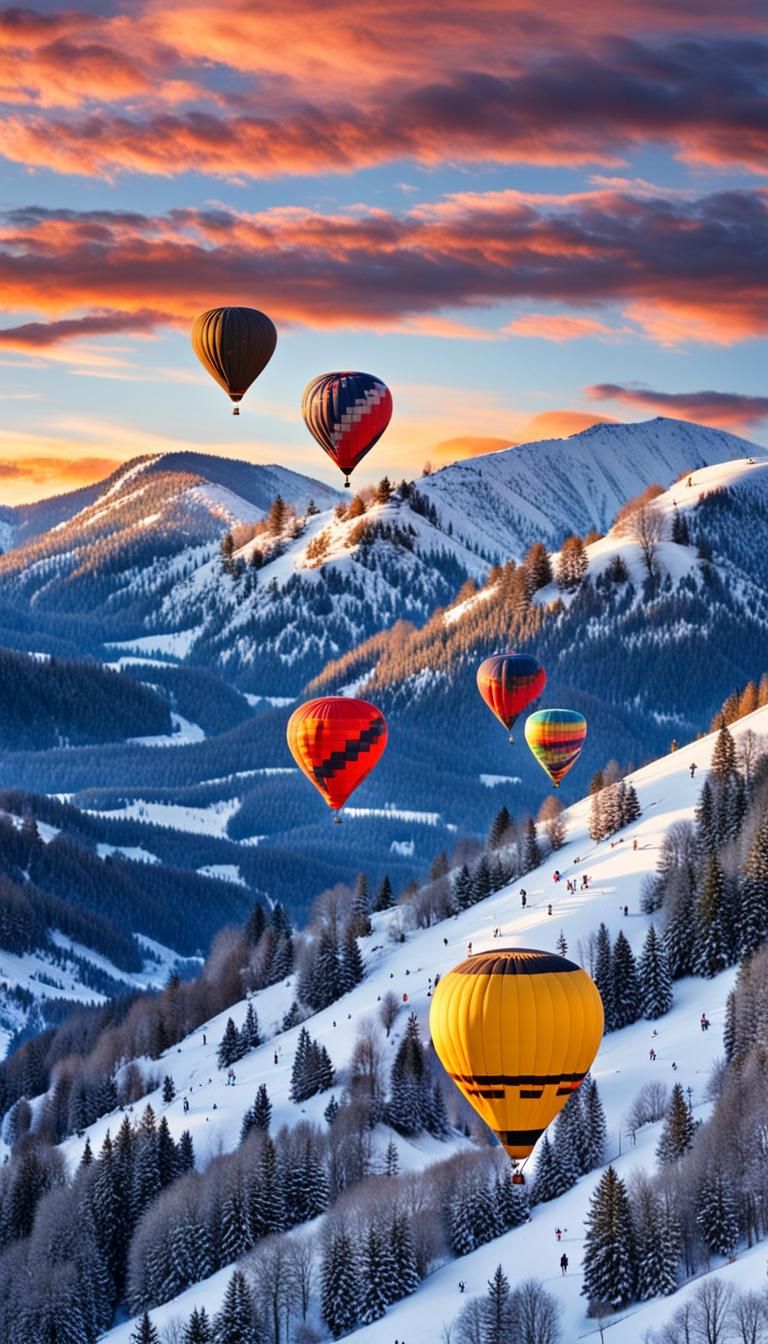 Hot Air Balloons at Snowy Mountain Sunset