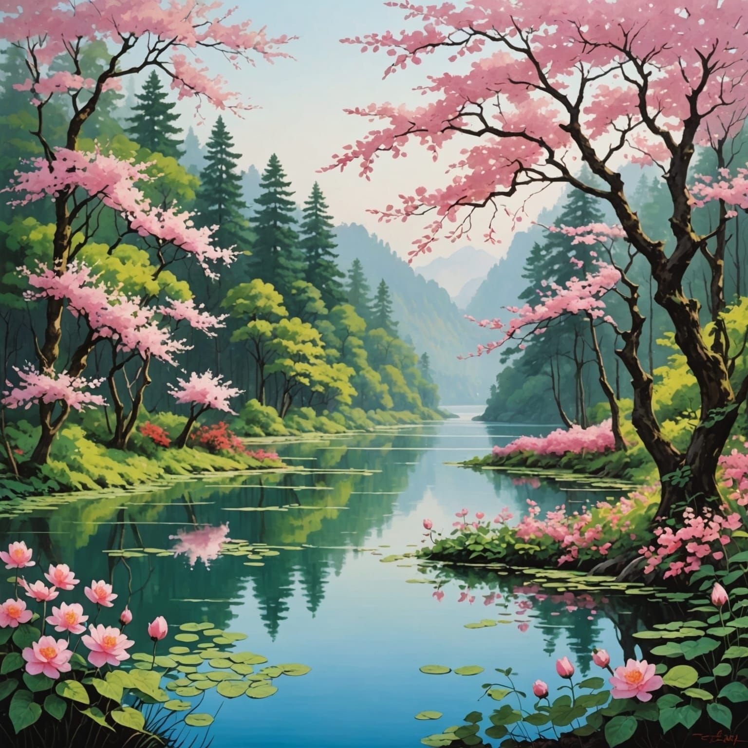 Pink Vines and Flowers by a Lake