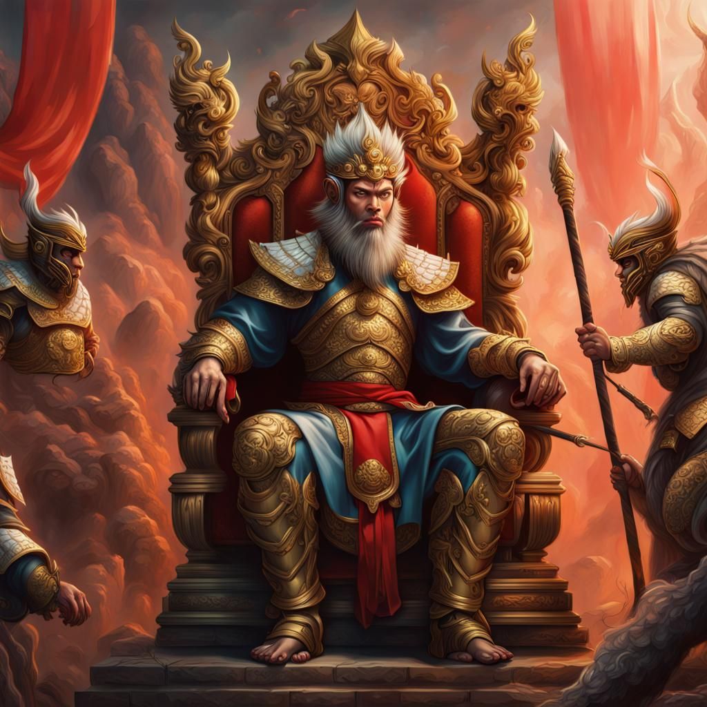 Sun Wukong on Throne with Army: Hyperrealistic Art
