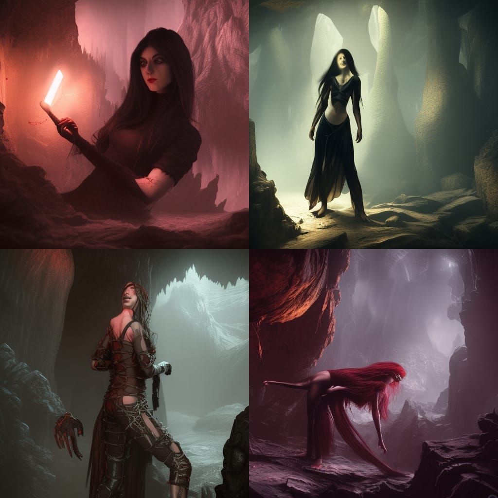 Realistic Vampire Woman in Dark Cave: Detailed Matte Paintin...