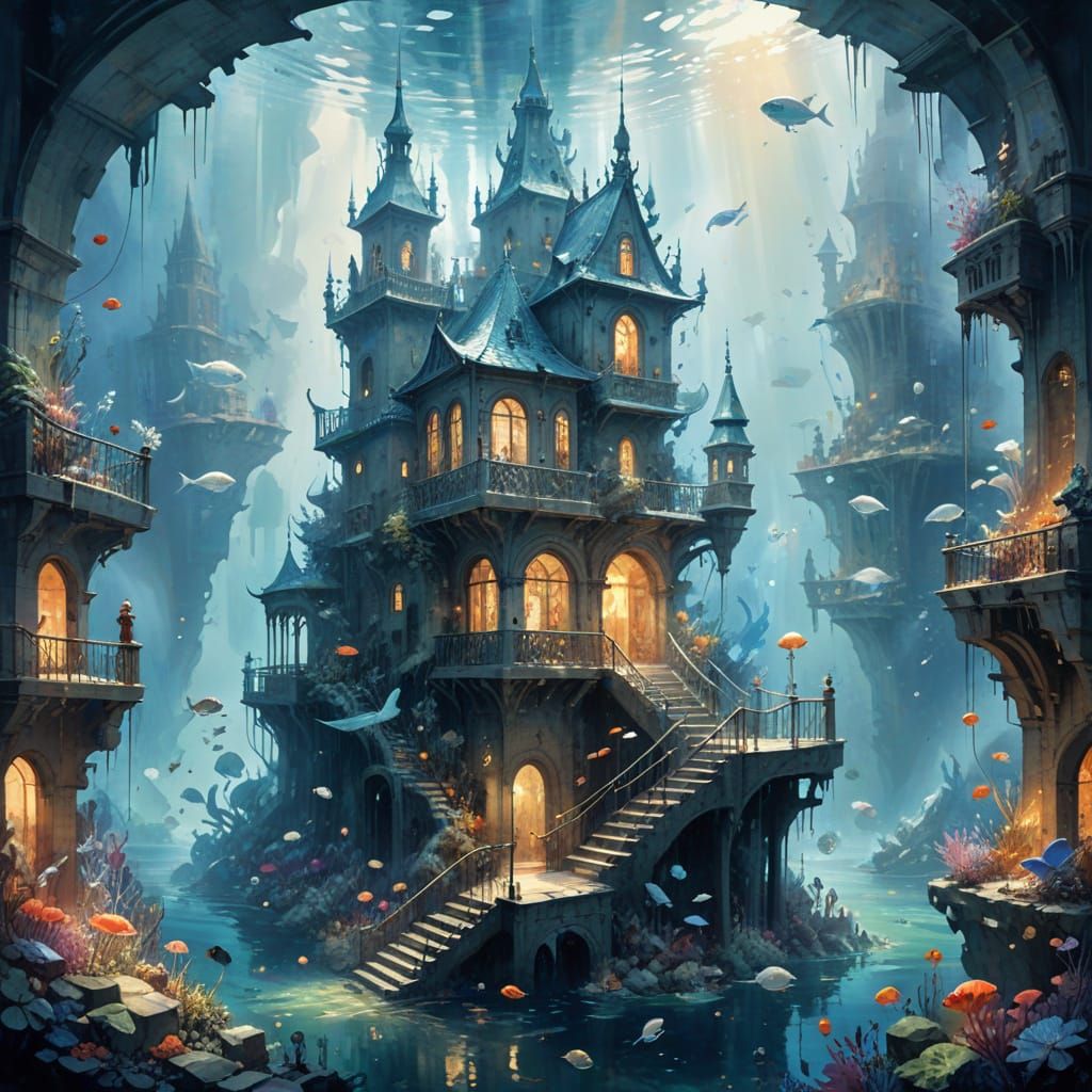 Underwater City with Merfolk in Watercolor Style