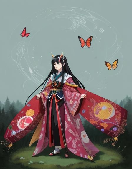 Anime Girl in Forest with Butterfly Hairpin