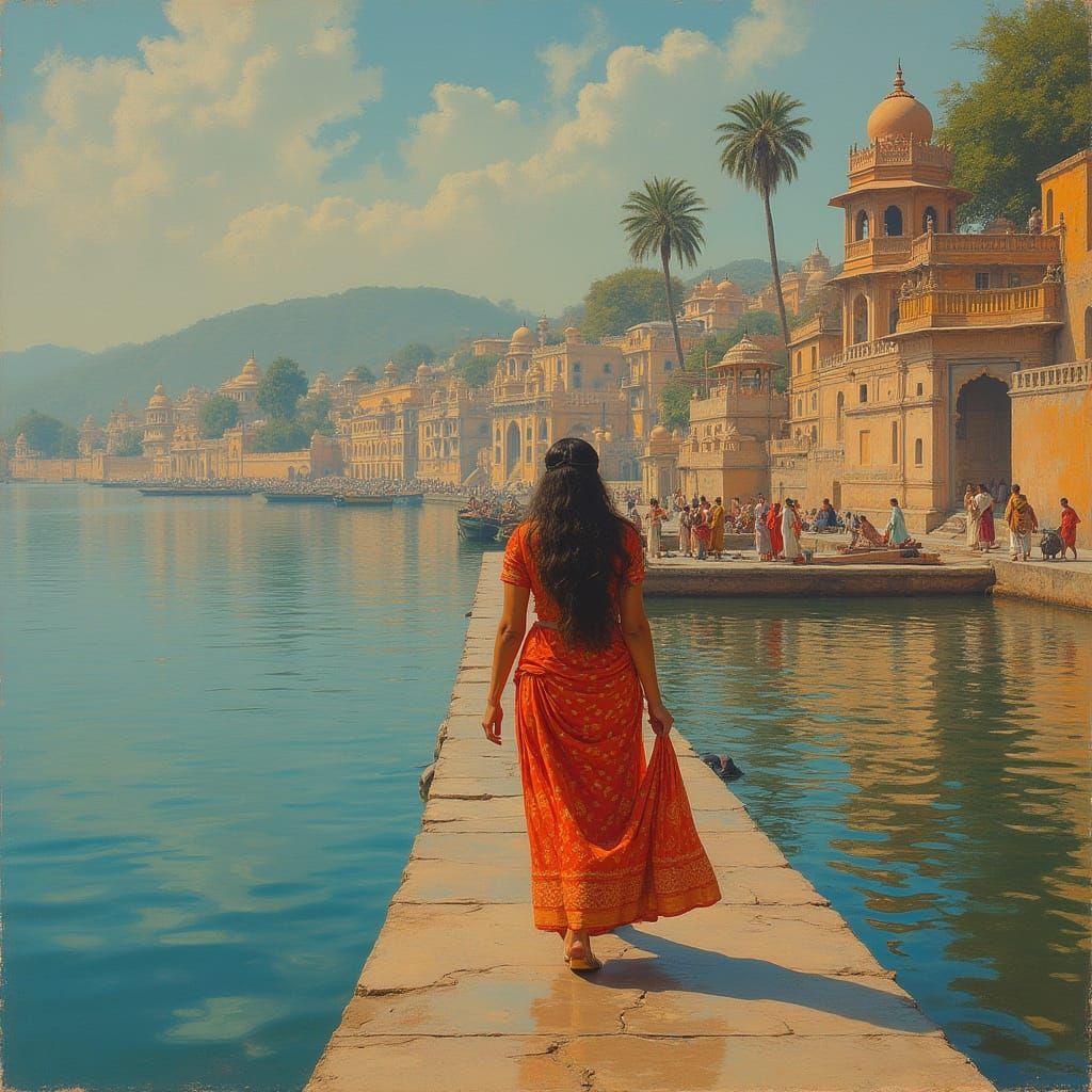 Serene Woman Walking Along Ganges River in Kashi
