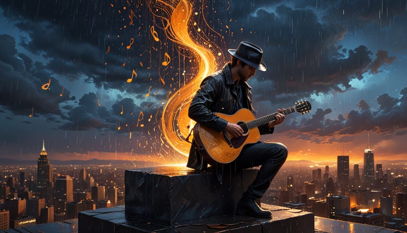 Musician Silhouette in Surreal Cityscape at Sunset