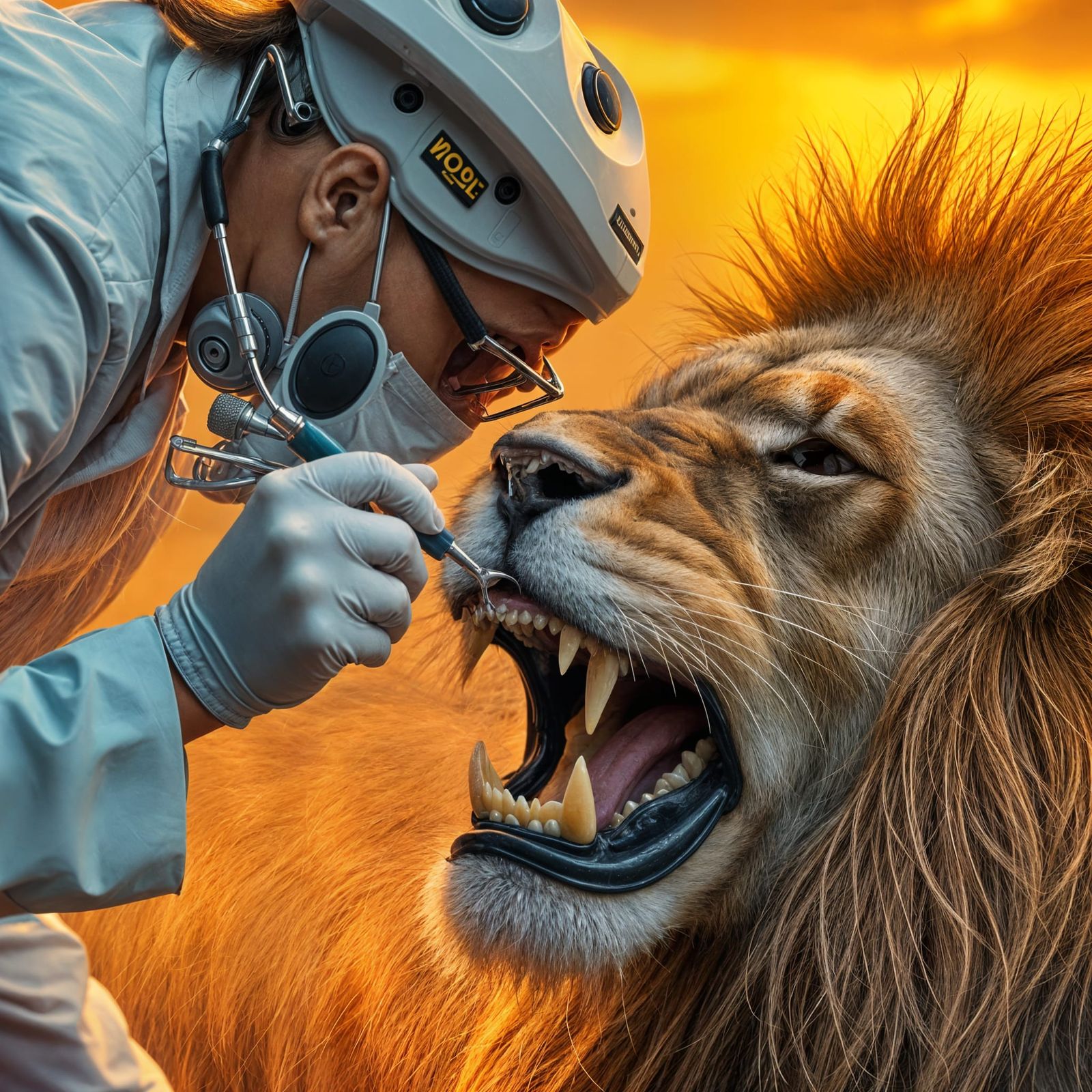 Dentist Cleaning Lion's Teeth With Care