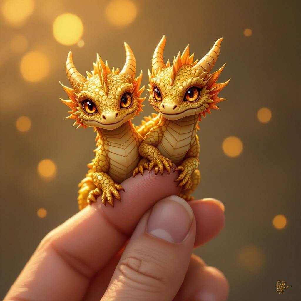Two-Headed Golden Dragon on a Finger, Fantasy Art