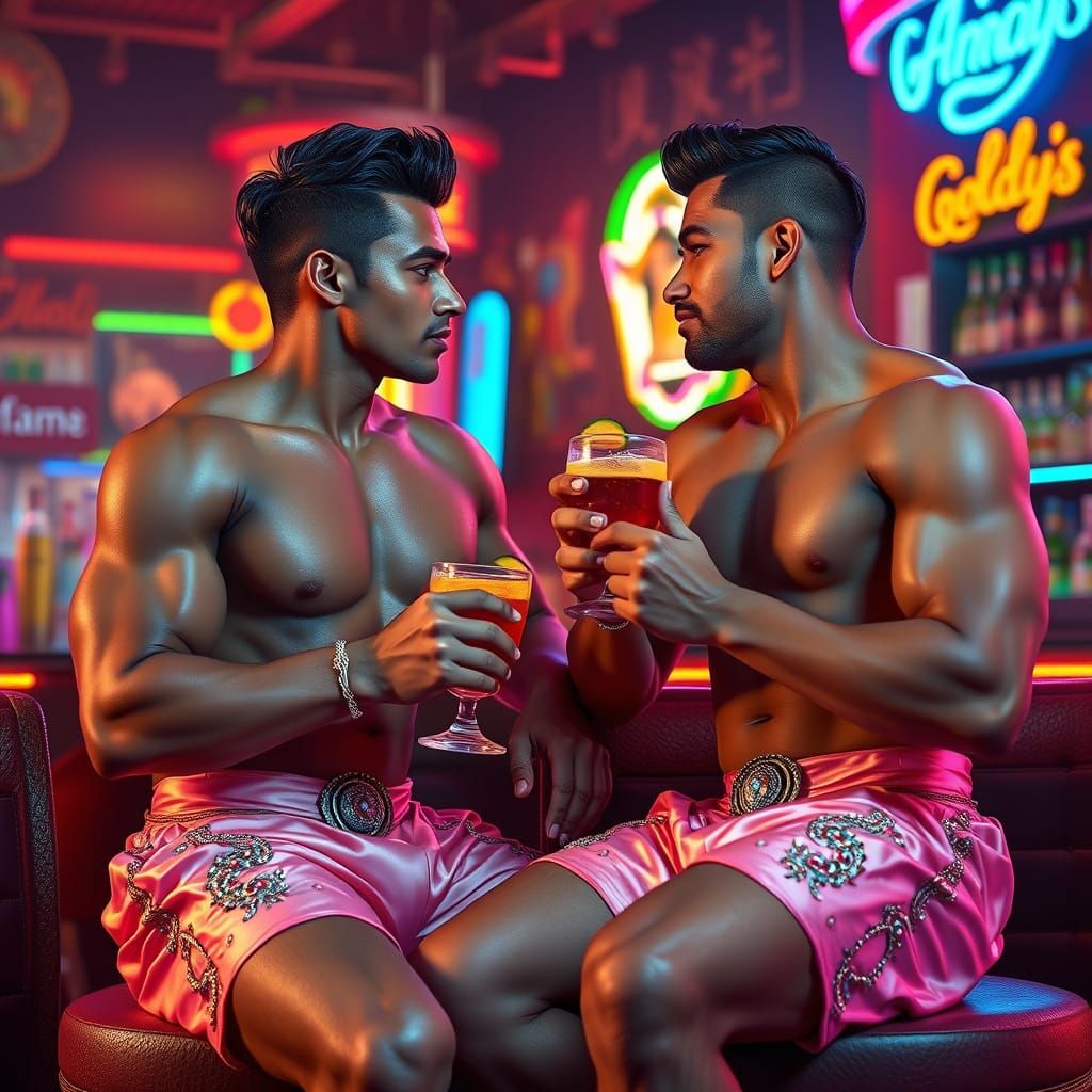 Indian Men in Neon Bar, Futuristic Cyberpunk Style