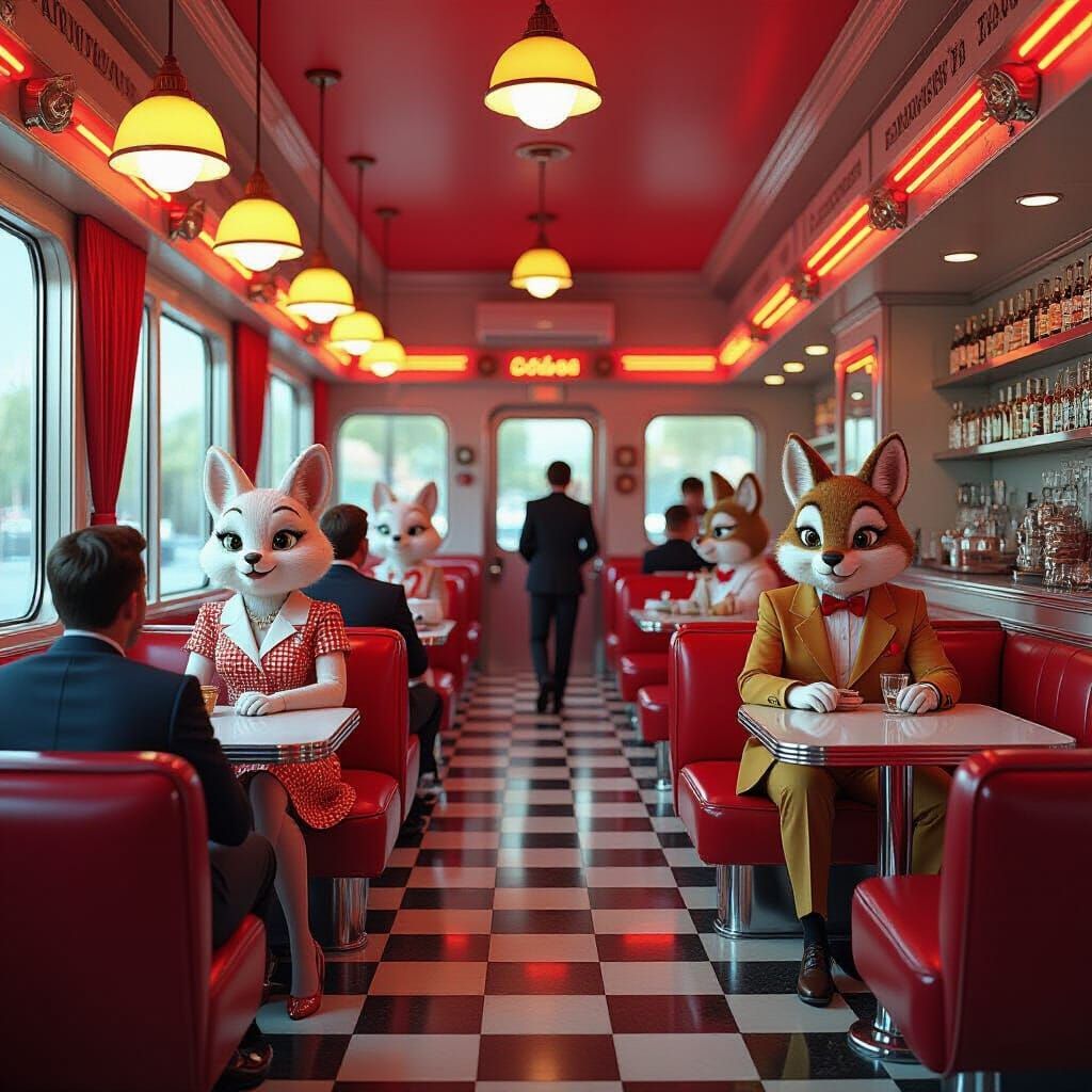 Retro-Futuristic Diner with Animal Staff in 1950s Style