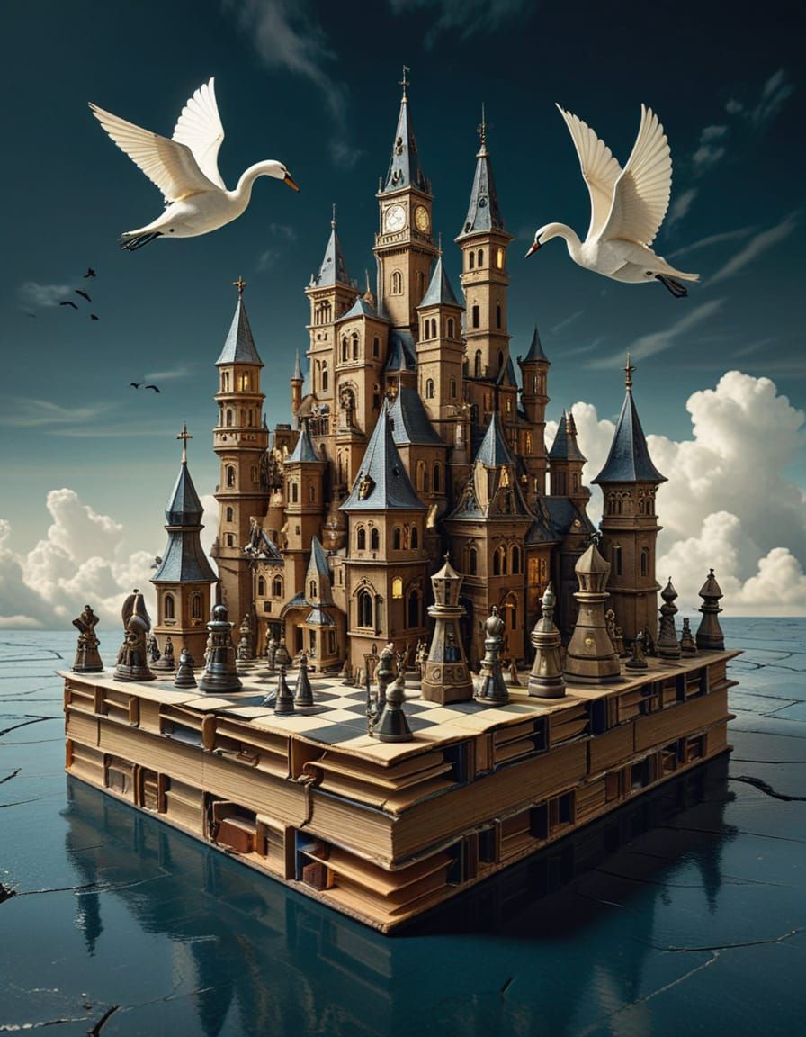 Surreal Steampunk Book City with Chess People