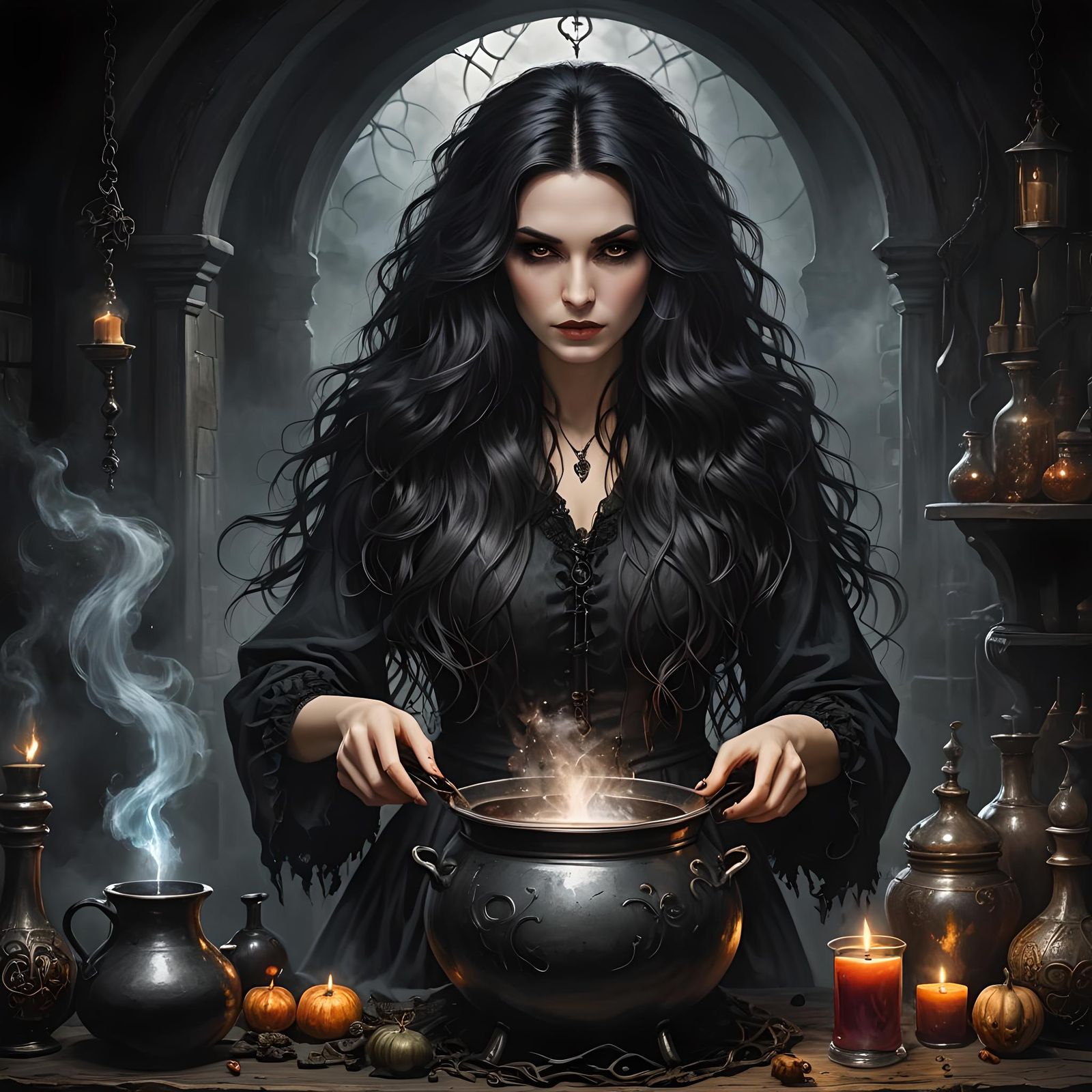 Beautiful Witch Concocting Potion: Gothic Fantasy Art