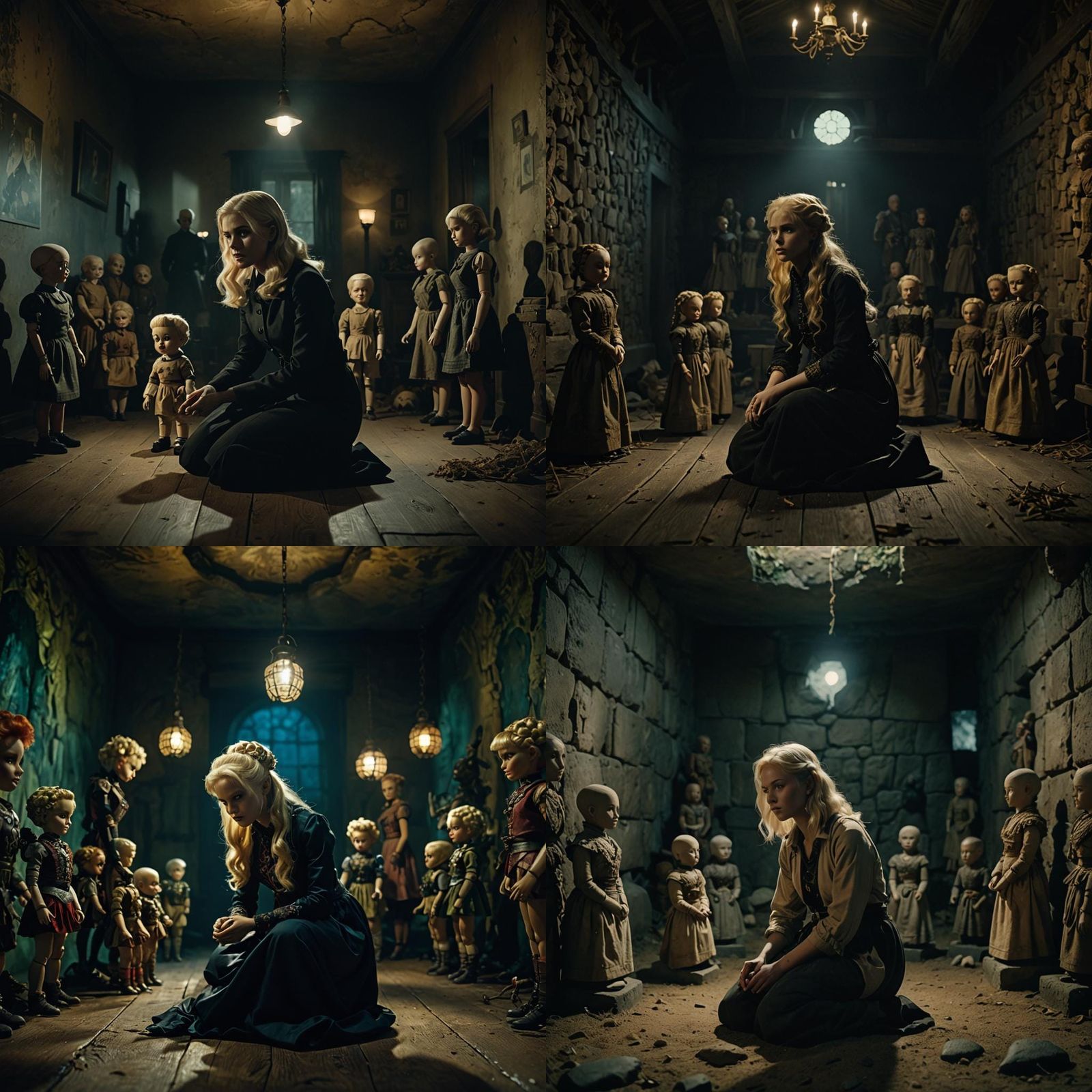 Kneeling Woman with Dolls: Cinematic Film Still