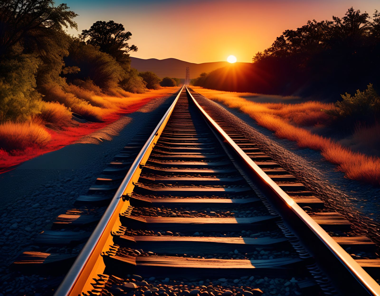Railroad Tracks Stretch to Sunset in Analog Film Mode