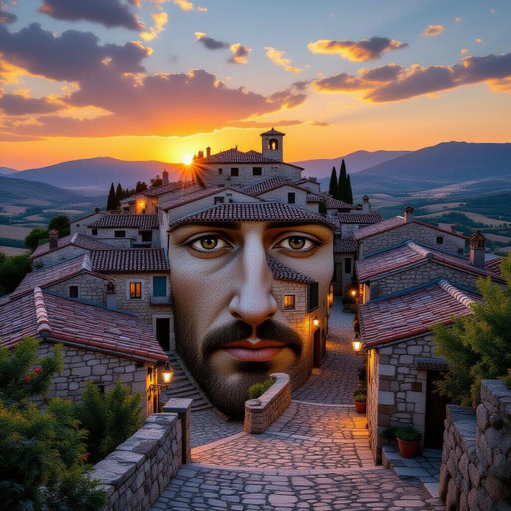 Ancient Village Face Sunset Optical Illusion
