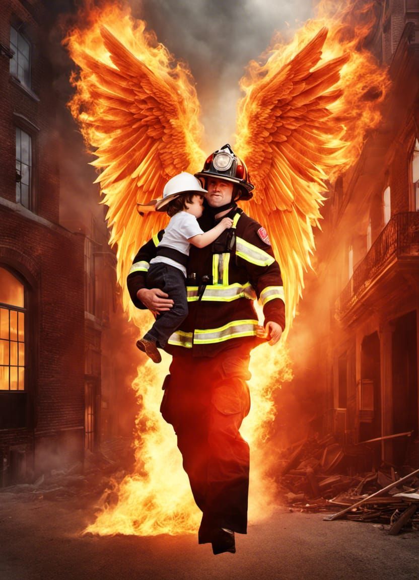 Firefighter with Angel Wings Rescuing Boy