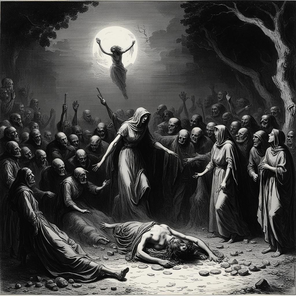 Captive Girl Roasted by Witches: Horror Art