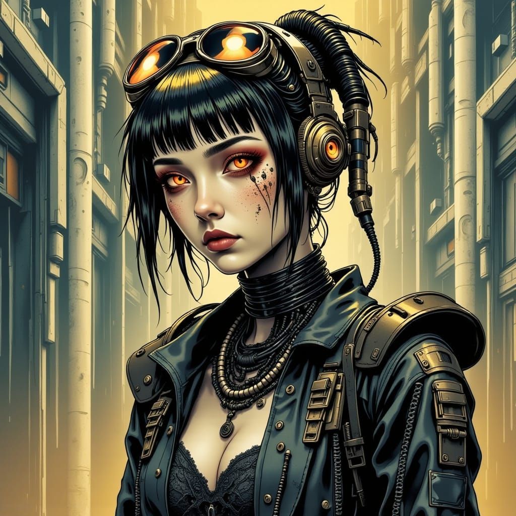 Cyberpunk Goddess in Victorian Corsette, Taupe and Brass Cyb...