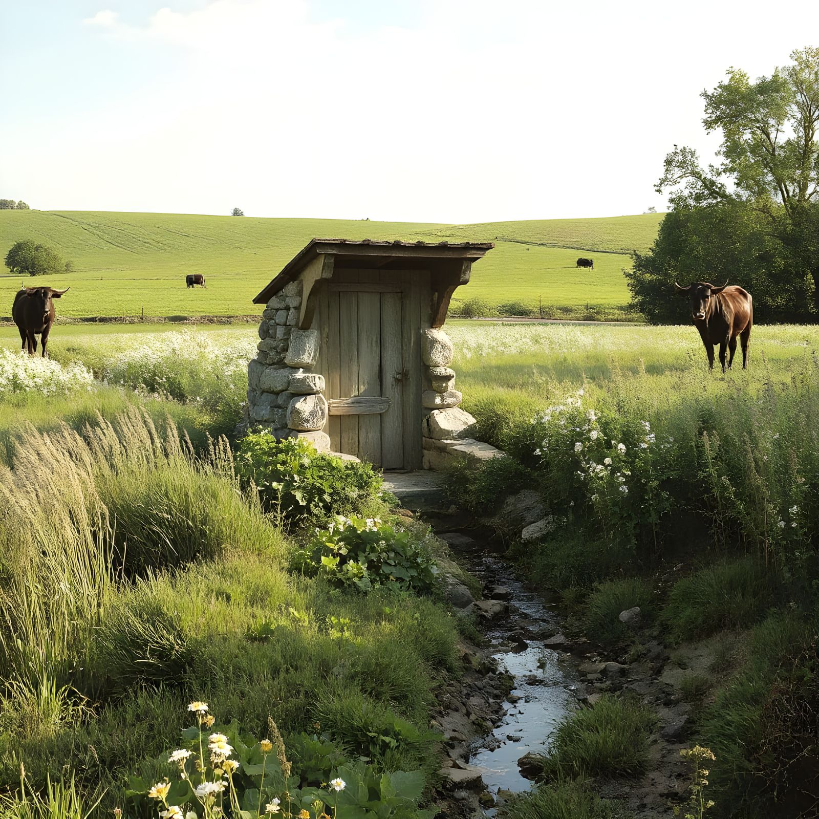 River Rock Outhouse Amidst a Lush Farm Landscape