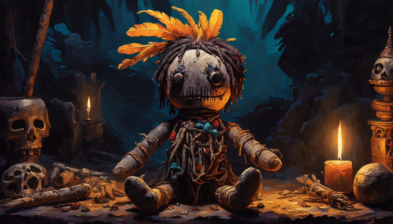 Dark Magic Voodoo Doll in Tropical Setting, Traditional Afri...