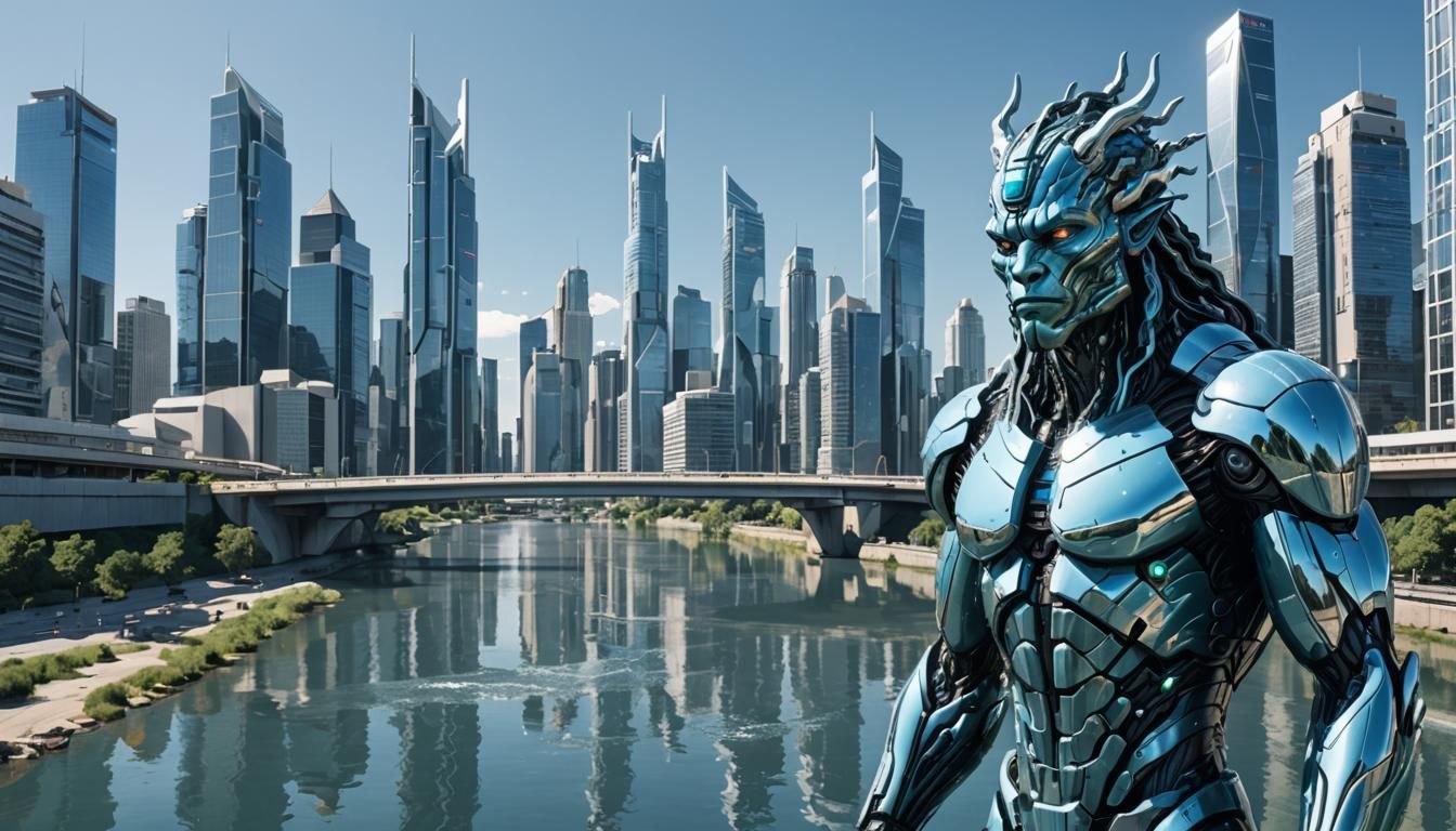 Cybernetic River God Glitching in Future City