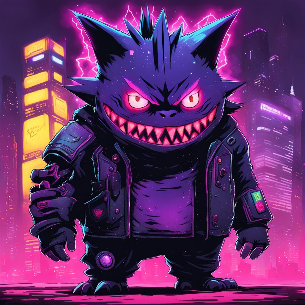 Cyberpunk Gengar in Neon Cityscape