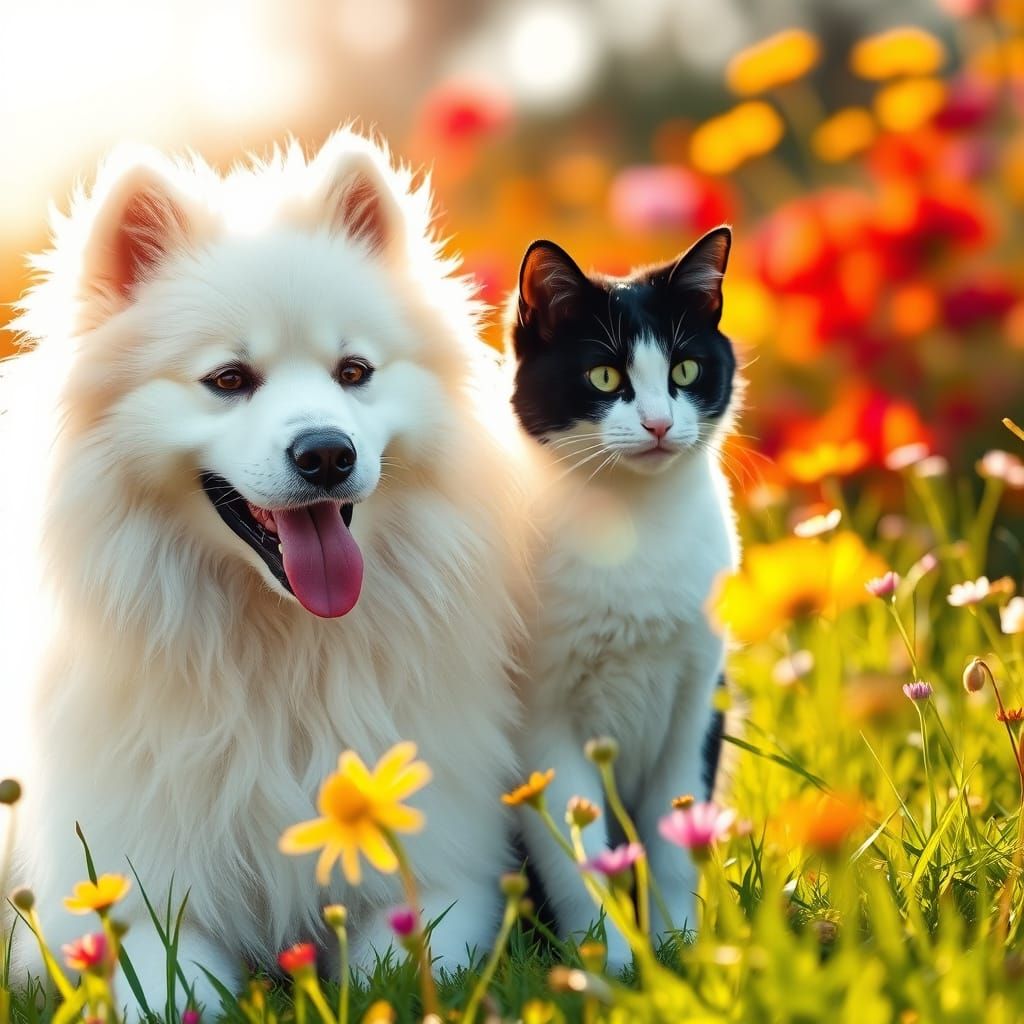 Fluffy White Dog and Sleek Black Cat in a Vibrant Wildflower...