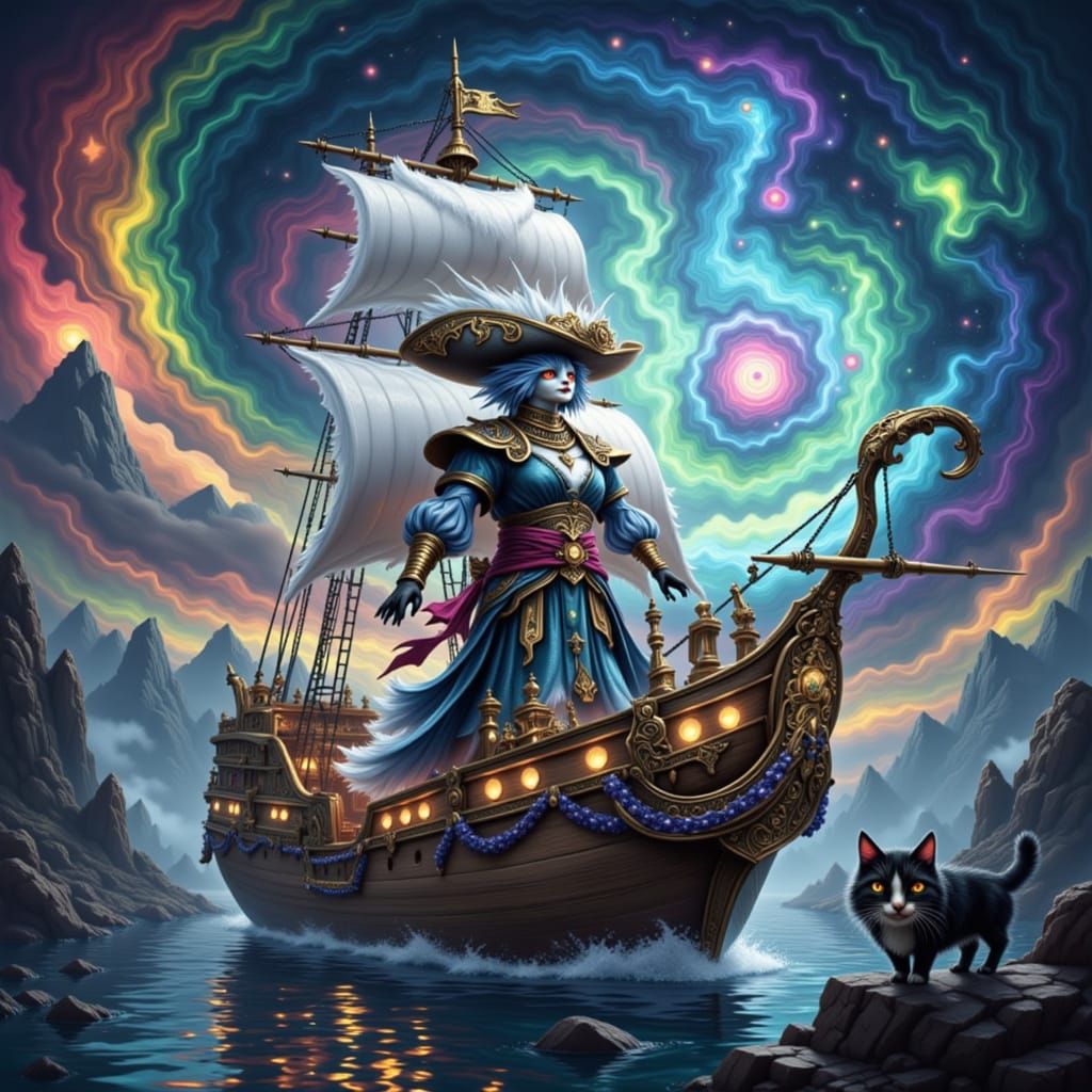 Pirate Cat on Hyperdetailed White Pearl Ship in Opal Shades