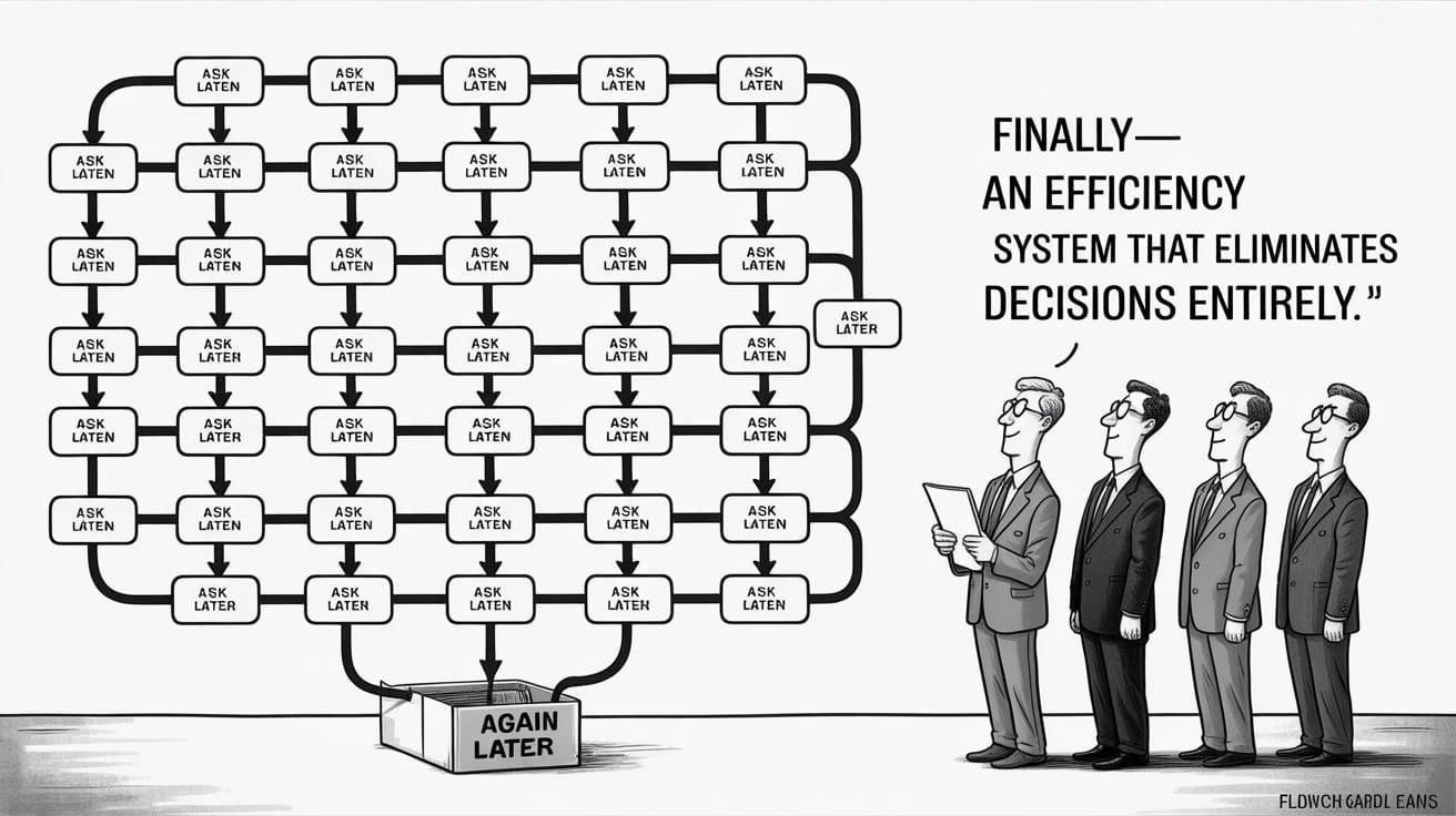 Corporate Flowchart of Indecision in Cartoon Style