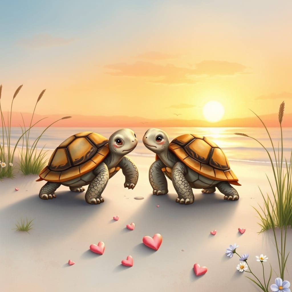 Tortoises Stroll on a Serene Beach at Sunset, Vintage Whimsy