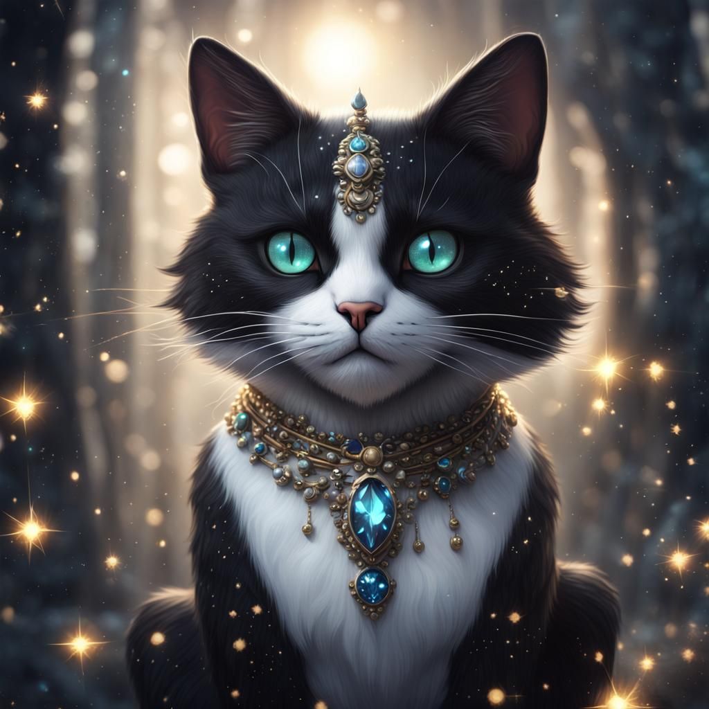 Spotted Cat with Fireflies, Detailed Matte Painting