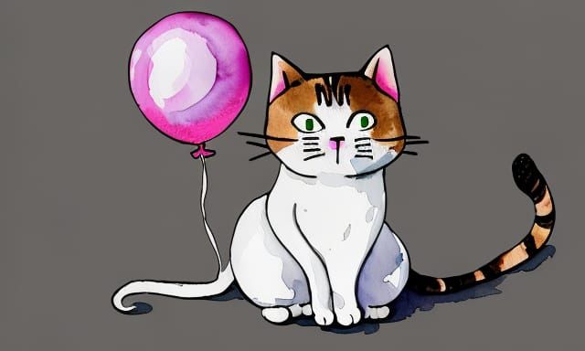 Smiling Fat Cat Holding Balloon in Watercolor Style