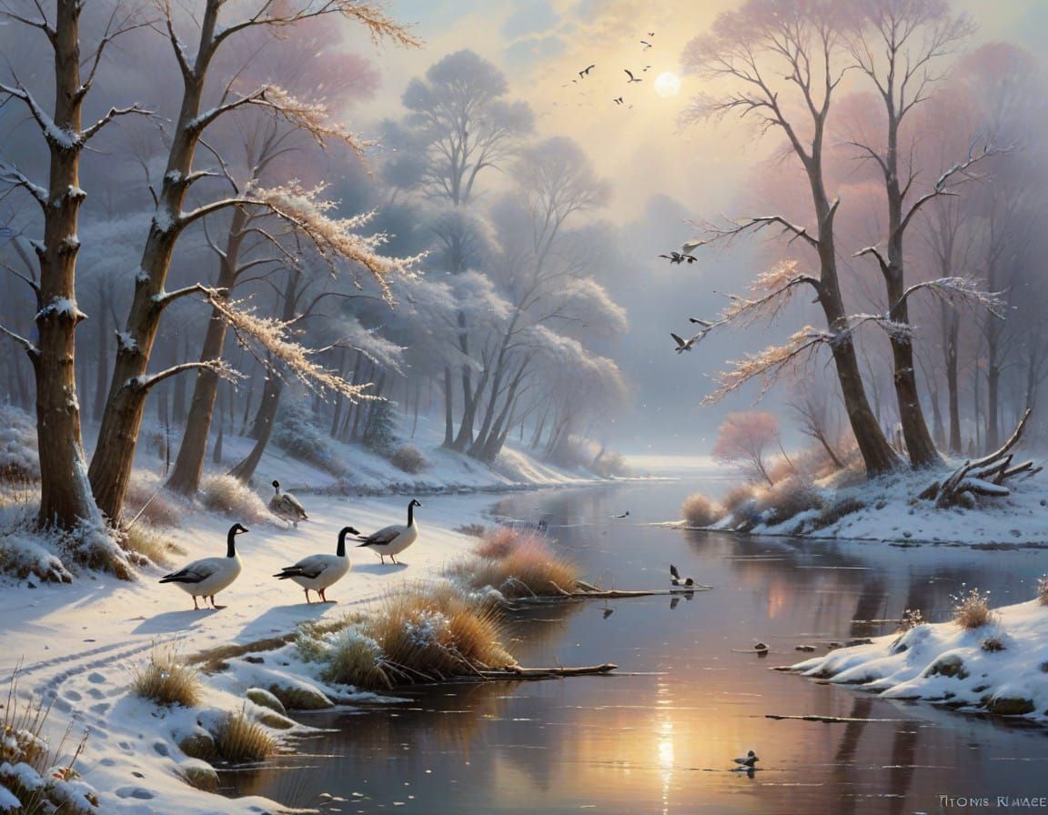 Ethereal Winter Scene: Geese Arrive on Snowy Lake Shore